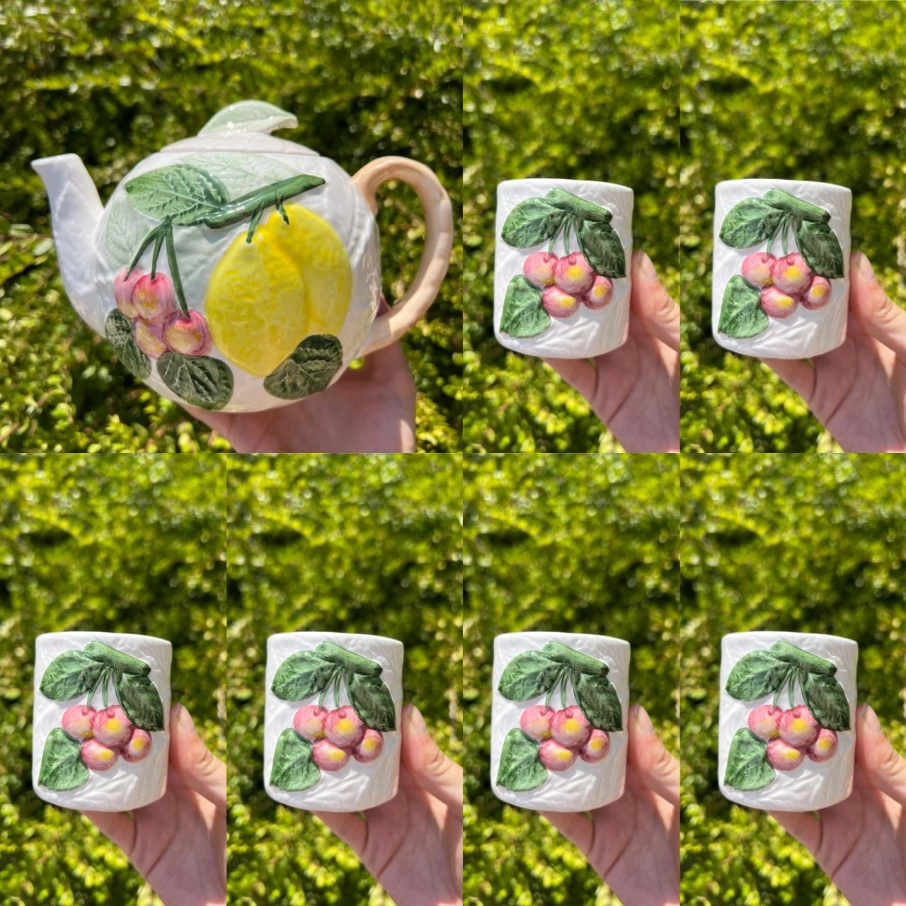 🍒 Service théière + 6 tasses céramique vintage décor fruits en relief